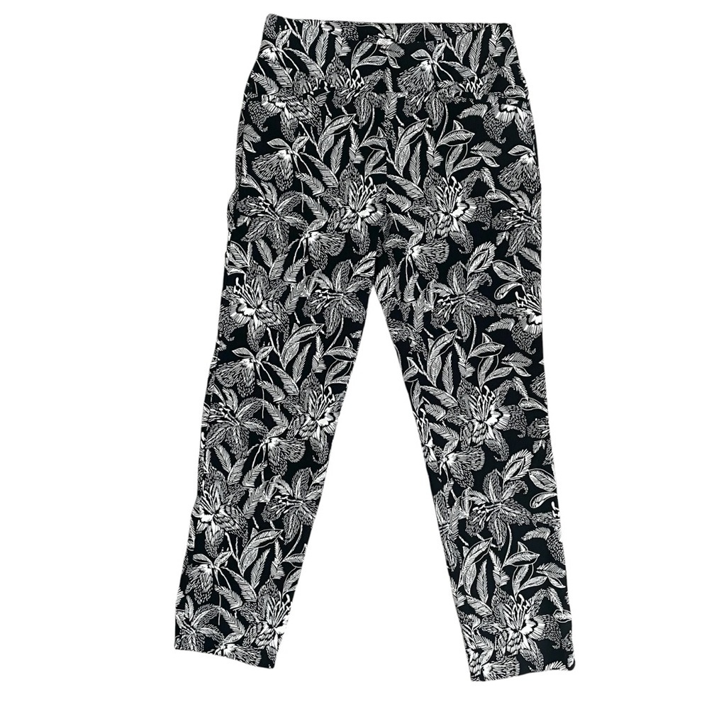 Chico's Perfect Stretch Floral Black White Elegant Ankle Pullover Pants Women S